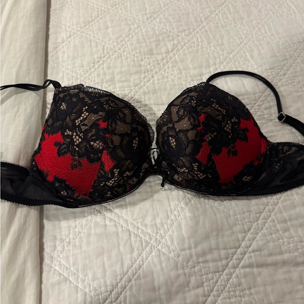 Elegant Victoria Secret Lace Trimmed Red and Black Bra